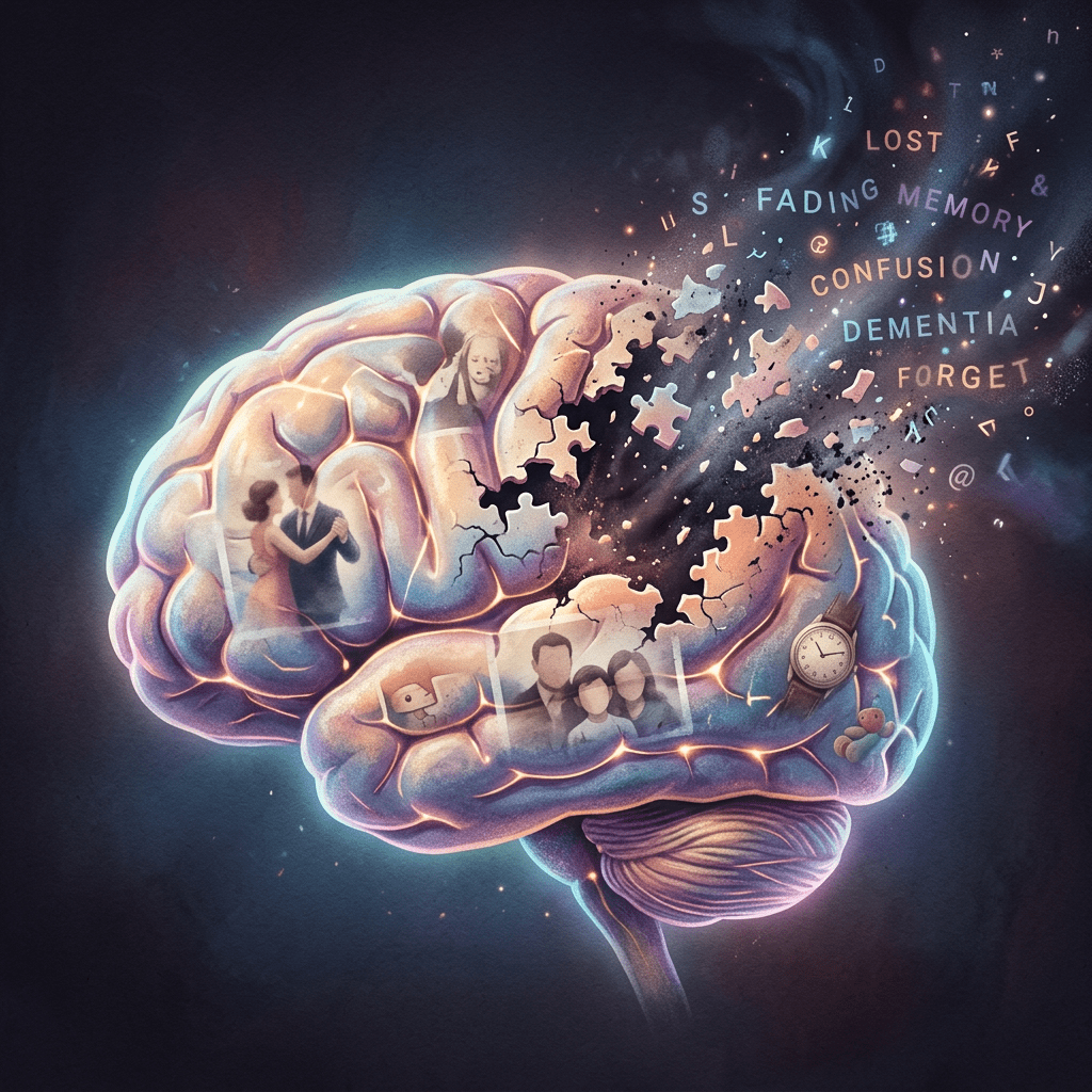 Brain with missing puzzle pieces and fading memories like photos, watch, and letters flying away
