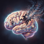 Brain with missing puzzle pieces and fading memories like photos, watch, and letters flying away